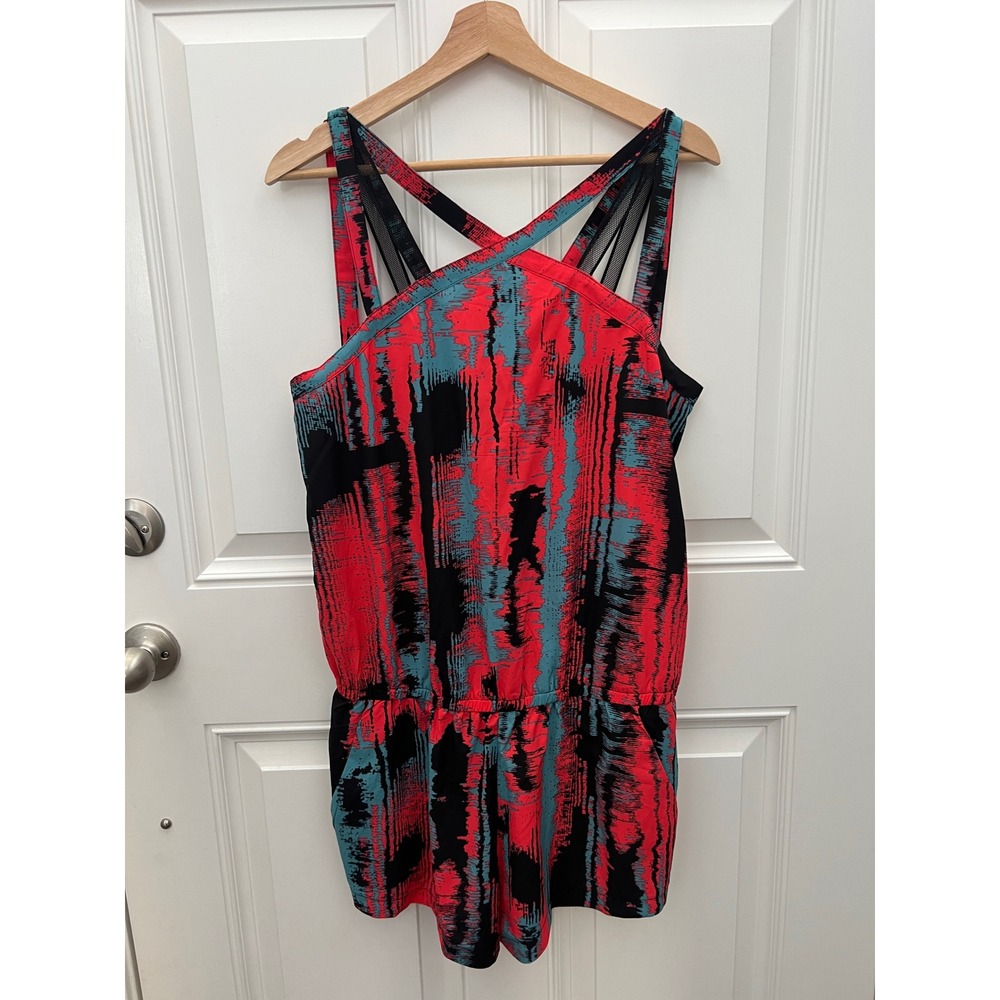 Fabletics Womens Abstract Print Mesh Strap Romper Red Teal Black Size M